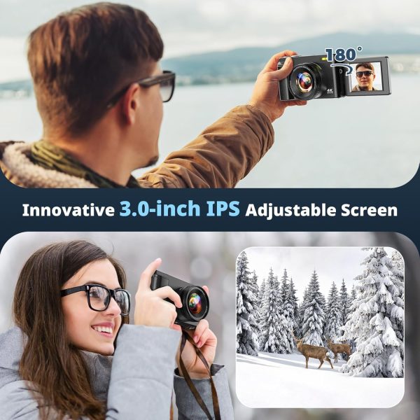 4K Digital Camera for Photography, UHD Autofocus 48MP 180° Flip Screen 16X Zoom Compact Point Shoot Vlogging Camera for YouTube with 2 Batteries, 32GB Card (Black) - Image 3