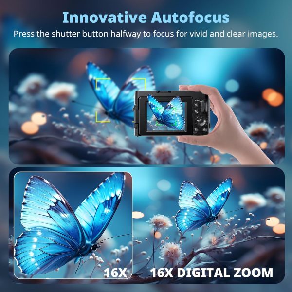 4K Digital Camera for Photography, UHD Autofocus 48MP 180° Flip Screen 16X Zoom Compact Point Shoot Vlogging Camera for YouTube with 2 Batteries, 32GB Card (Black) - Image 4