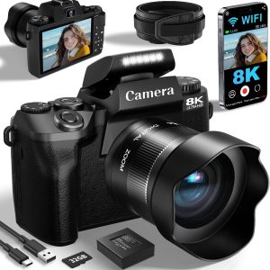 8K 64MP Digital Cameras for Photography, Vlogging Camera for YouTube, 4" Touch Screen Selfie Camera, Auto Focu, 16X Digital Zoom with WiFi, 32GB Card, 3000mAh Batteries, Black