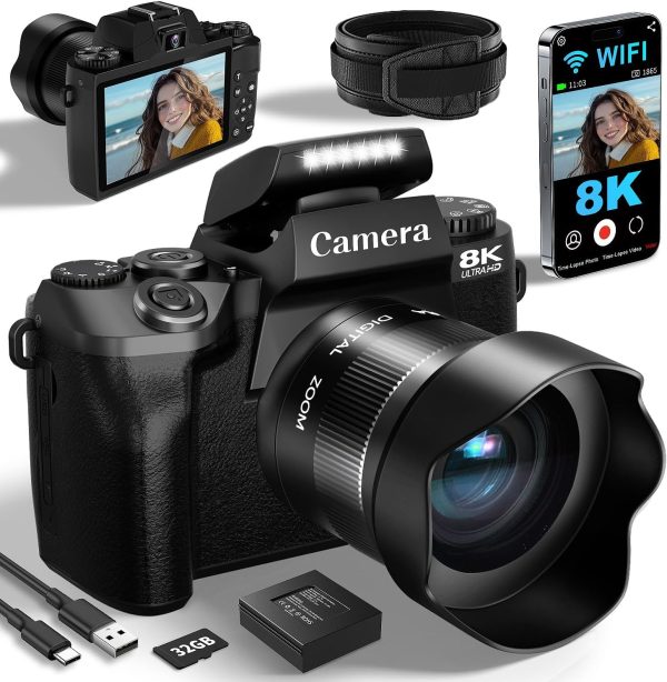 8K 64MP Digital Cameras for Photography, Vlogging Camera for YouTube, 4" Touch Screen Selfie Camera, Auto Focu, 16X Digital Zoom with WiFi, 32GB Card, 3000mAh Batteries, Black