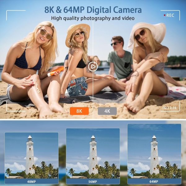 8K 64MP Digital Cameras for Photography, Vlogging Camera for YouTube, 4" Touch Screen Selfie Camera, Auto Focu, 16X Digital Zoom with WiFi, 32GB Card, 3000mAh Batteries, Black - Image 2