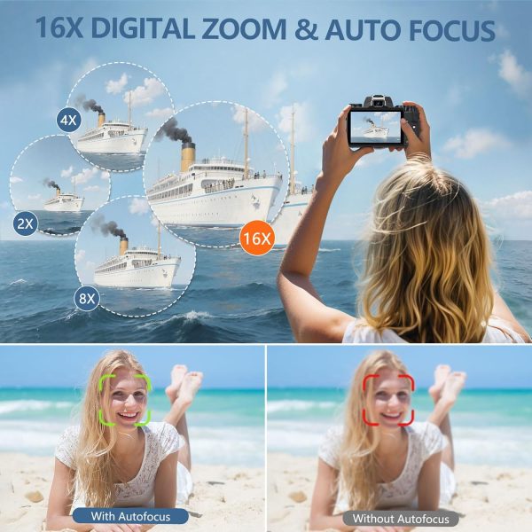 8K 64MP Digital Cameras for Photography, Vlogging Camera for YouTube, 4" Touch Screen Selfie Camera, Auto Focu, 16X Digital Zoom with WiFi, 32GB Card, 3000mAh Batteries, Black - Image 3