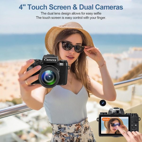 8K 64MP Digital Cameras for Photography, Vlogging Camera for YouTube, 4" Touch Screen Selfie Camera, Auto Focu, 16X Digital Zoom with WiFi, 32GB Card, 3000mAh Batteries, Black - Image 4