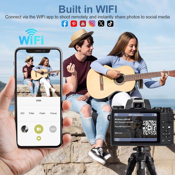 8K 64MP Digital Cameras for Photography, Vlogging Camera for YouTube, 4" Touch Screen Selfie Camera, Auto Focu, 16X Digital Zoom with WiFi, 32GB Card, 3000mAh Batteries, Black - Image 5