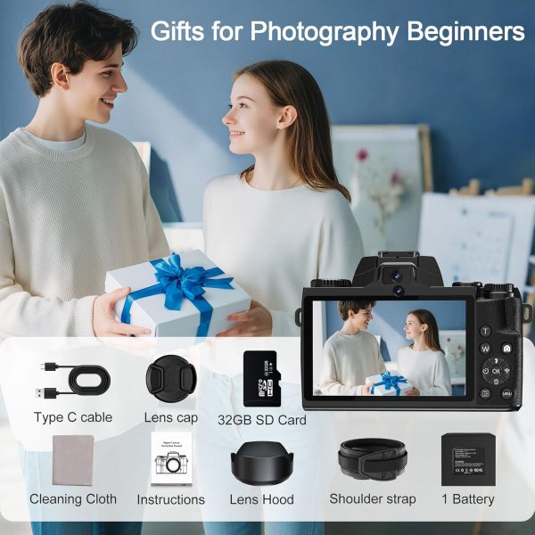8K 64MP Digital Cameras for Photography, Vlogging Camera for YouTube, 4" Touch Screen Selfie Camera, Auto Focu, 16X Digital Zoom with WiFi, 32GB Card, 3000mAh Batteries, Black - Image 8